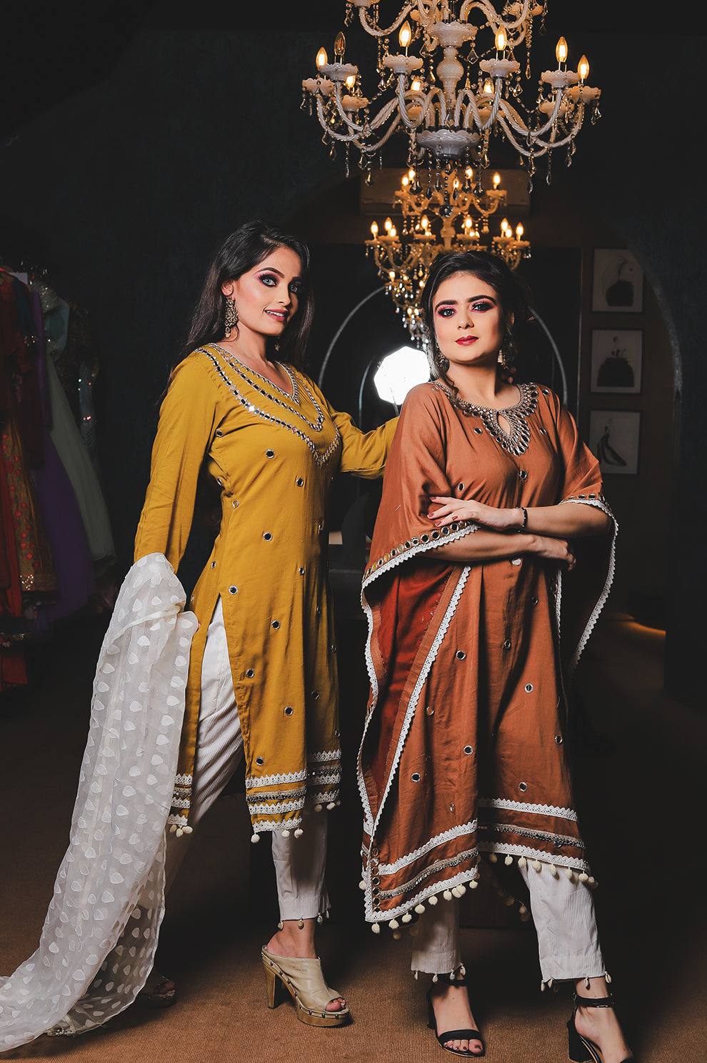 Mustard Yellow Mirror Work Kurti Set