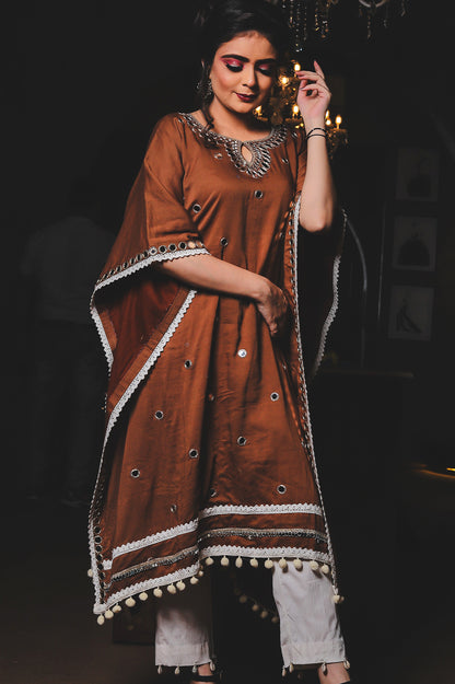 Elegant Brown Mirror Work Kaftan Kurta Set