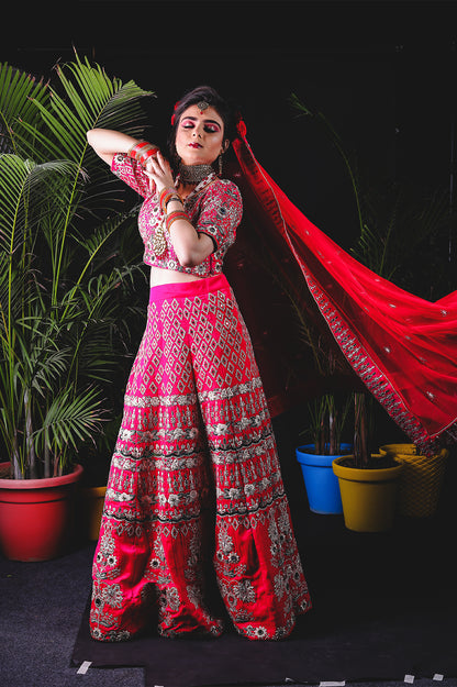 Radiant Red Bridal Lehenga Choli with Intricate Silver Embroidery