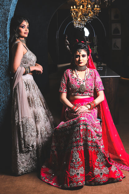 Embroided Lehnga – Antique Silver & Beige Designer Set