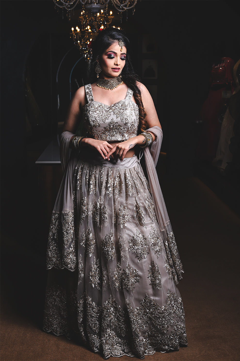 Embroided Lehnga – Antique Silver & Beige Designer Set