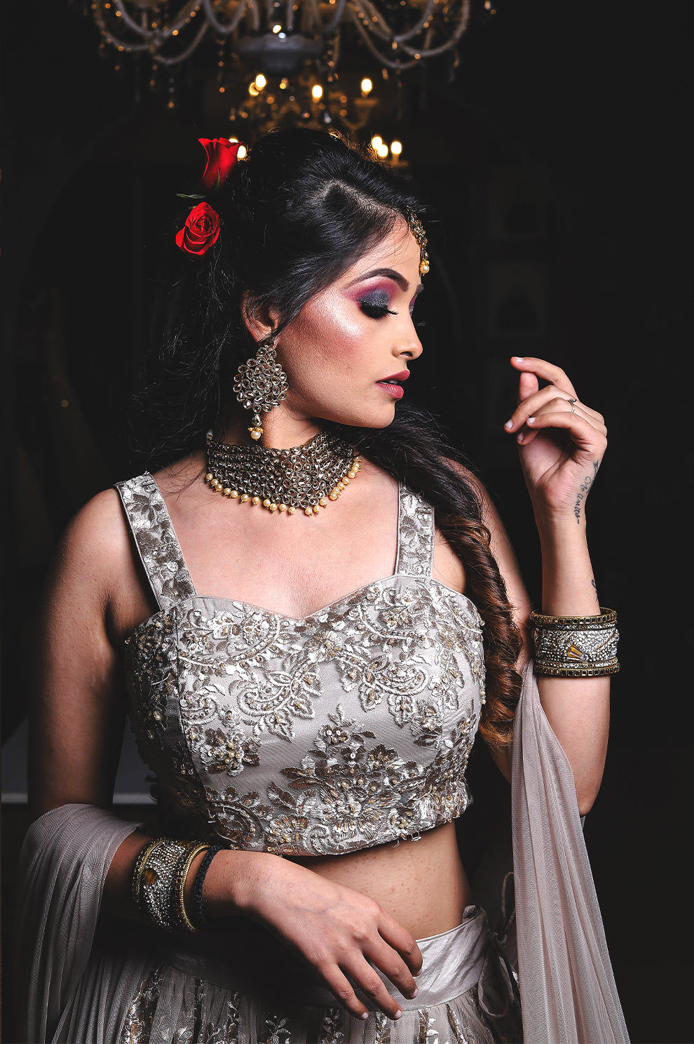 Embroided Lehnga – Antique Silver & Beige Designer Set