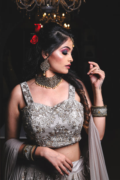 Embroided Lehnga – Antique Silver & Beige Designer Set