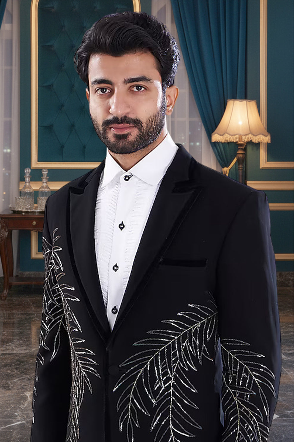 Black Embroidered Tuxedo Suit