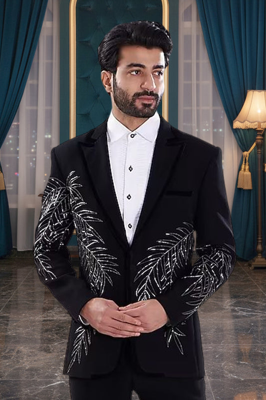 Black Embroidered Tuxedo Suit