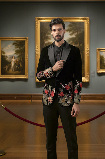 Black Velvet Embroidered Tuxedo Jacket