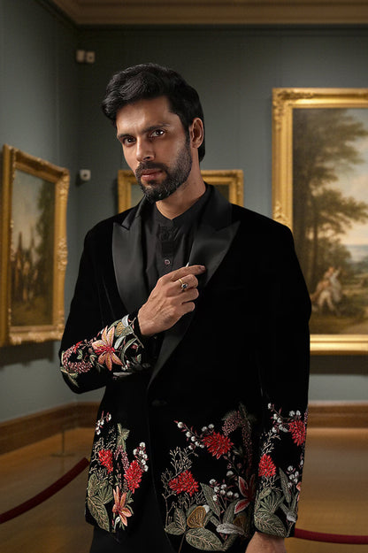 Black Velvet Embroidered Tuxedo Jacket