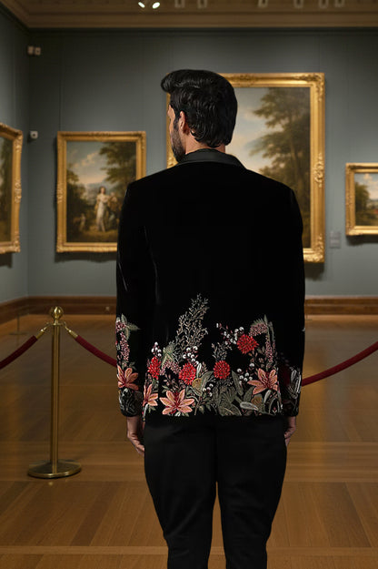 Black Velvet Embroidered Tuxedo Jacket