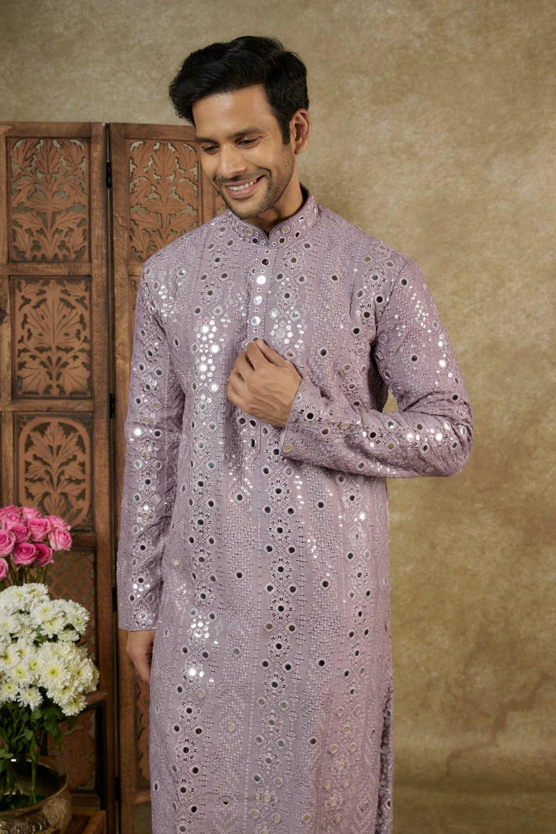 Lilac Mirrorwork Men's Kurta Set