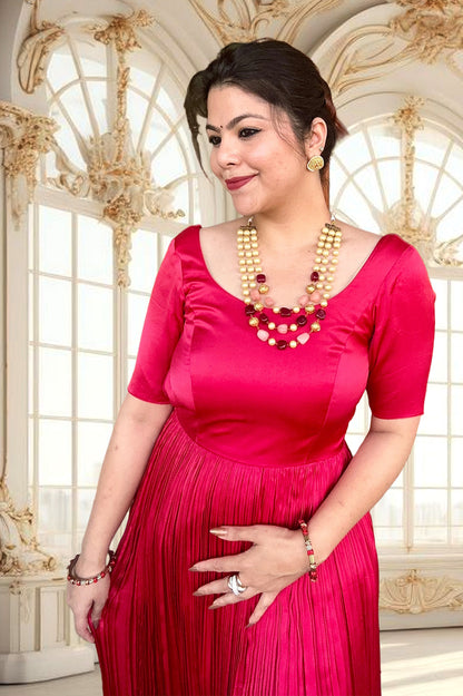 Elegant Fuchsia Red Pleated Satin A-Line Dress for Women