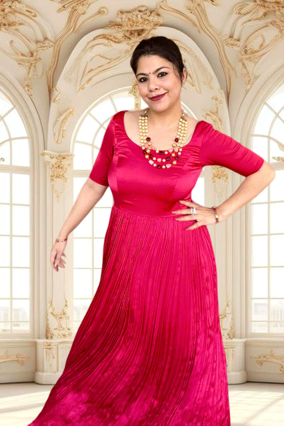 Elegant Fuchsia Red Pleated Satin A-Line Dress for Women