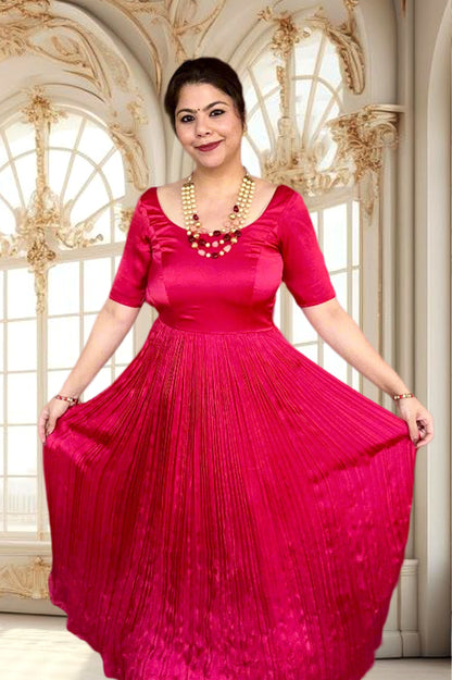 Elegant Fuchsia Red Pleated Satin A-Line Dress for Women