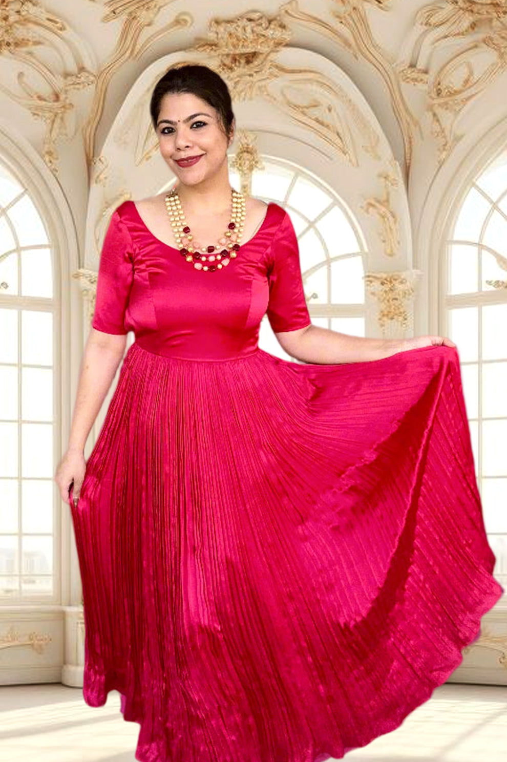 Elegant Fuchsia Red Pleated Satin A-Line Dress for Women