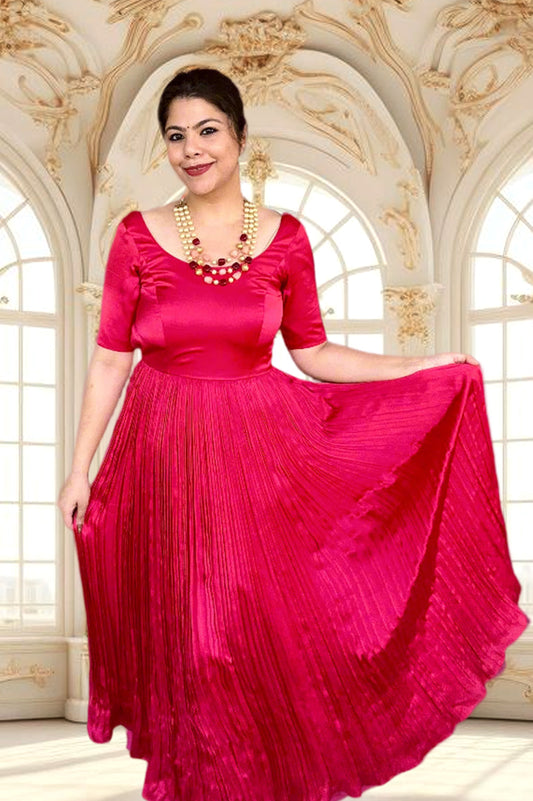 Elegant Fuchsia Red Pleated Satin A-Line Dress for Women