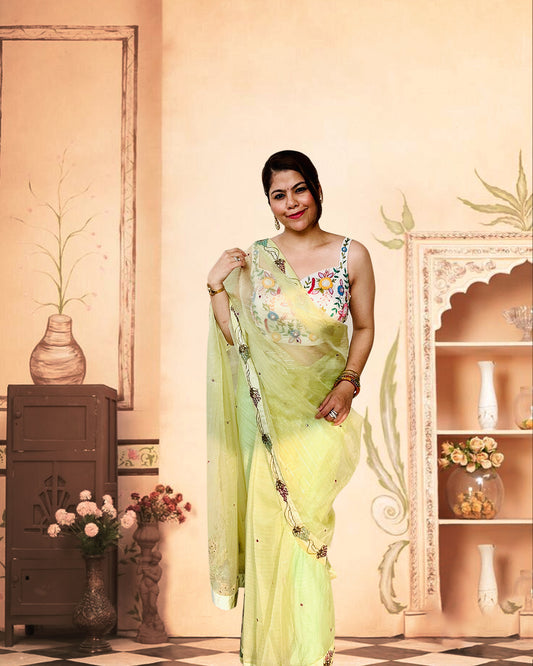 Pastel Green Embroidered Floral Saree – Teej Collection 2025