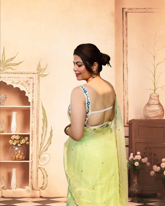 Pastel Green Embroidered Floral Saree – Teej Collection 2025