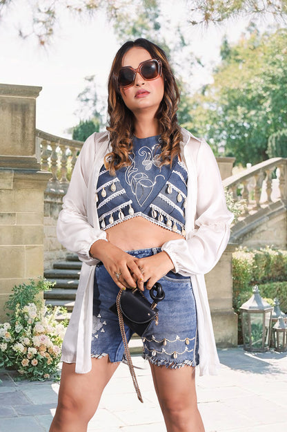 Denim Tassel Co-ord Set with Sheer White Shrug