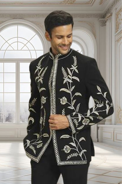 Black Floral Embroidered Indo-Western Suit