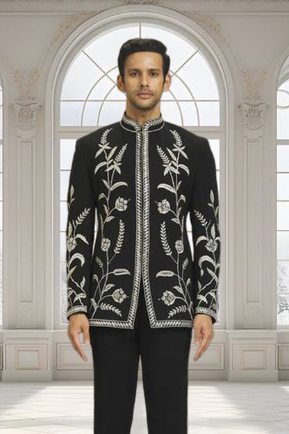 Black Floral Embroidered Indo-Western Suit