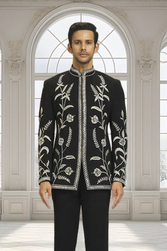 Black Floral Embroidered Indo-Western Suit